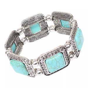 Southwestern Silver tone & Faux Turquoise Stretchy Bracelet New Womens Jewerly